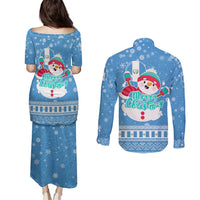 Guatemala Christmas Couples Matching Puletasi and Long Sleeve Button Shirt with Blue Christmas Monkey Tree Snowman and Snowflake - Wonder Print Shop