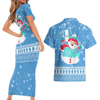 Guatemala Christmas Couples Matching Short Sleeve Bodycon Dress and Hawaiian Shirt with Blue Christmas Monkey Tree Snowman and Snowflake - Wonder Print Shop