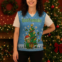 Guatemala Christmas Knitted V-Neck Vest with Blue Christmas Monkey Tree Snowman and Snowflake - Wonder Print Shop