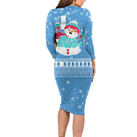 Guatemala Christmas Long Sleeve Bodycon Dress with Blue Christmas Monkey Tree Snowman and Snowflake - Wonder Print Shop