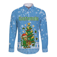 Guatemala Christmas Long Sleeve Button Shirt with Blue Christmas Monkey Tree Snowman and Snowflake - Wonder Print Shop