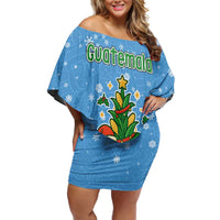 Guatemala Christmas Off Shoulder Short Dress with Blue Christmas Monkey Tree Snowman and Snowflake - Wonder Print Shop