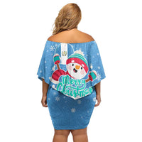 Guatemala Christmas Off Shoulder Short Dress with Blue Christmas Monkey Tree Snowman and Snowflake - Wonder Print Shop