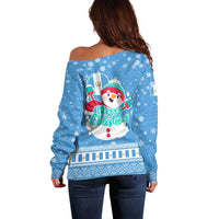 Guatemala Christmas Off Shoulder Sweater with Blue Christmas Monkey Tree Snowman and Snowflake - Wonder Print Shop