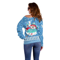 Guatemala Christmas Off Shoulder Sweater with Blue Christmas Monkey Tree Snowman and Snowflake - Wonder Print Shop