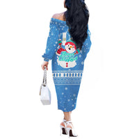 Guatemala Christmas Off The Shoulder Long Sleeve Dress with Blue Christmas Monkey Tree Snowman and Snowflake - Wonder Print Shop