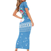 Guatemala Christmas Short Sleeve Bodycon Dress with Blue Christmas Monkey Tree Snowman and Snowflake - Wonder Print Shop