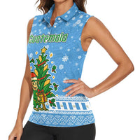 Guatemala Christmas Women Sleeveless Polo Shirt with Blue Christmas Monkey Tree Snowman and Snowflake - Wonder Print Shop