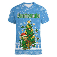 Guatemala Christmas Women V-Neck T-Shirt with Blue Christmas Monkey Tree Snowman and Snowflake - Wonder Print Shop