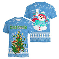 Guatemala Christmas Women V-Neck T-Shirt with Blue Christmas Monkey Tree Snowman and Snowflake - Wonder Print Shop