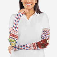 England Christmas Arm Sleeves with Red Blue White Diamond Pattern Santa and Coat of Arms - Wonder Print Shop