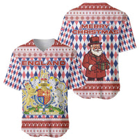 England Christmas Baseball Jersey with Red Blue White Diamond Pattern Santa and Coat of Arms - Wonder Print Shop
