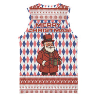 England Christmas Basketball Jersey with Red Blue White Diamond Pattern Santa and Coat of Arms - Wonder Print Shop