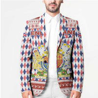 England Christmas Blazer with Red Blue White Diamond Pattern Santa and Coat of Arms - Wonder Print Shop