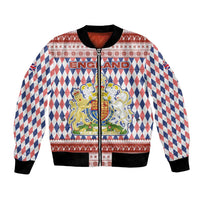 England Christmas Bomber Jacket with Red Blue White Diamond Pattern Santa and Coat of Arms - Wonder Print Shop