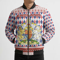 England Christmas Bomber Puffer Jacket with Red Blue White Diamond Pattern Santa and Coat of Arms - Wonder Print Shop