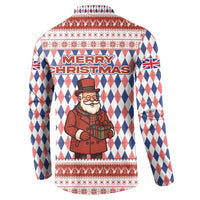 England Christmas Button Sweatshirt with Red Blue White Diamond Pattern Santa and Coat of Arms - Wonder Print Shop