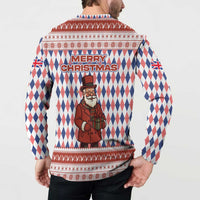 England Christmas Button Sweatshirt with Red Blue White Diamond Pattern Santa and Coat of Arms - Wonder Print Shop