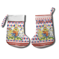 England Christmas Stocking with Red Blue White Diamond Pattern Santa and Coat of Arms - Wonder Print Shop