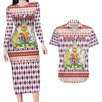 England Christmas Couples Matching Long Sleeve Bodycon Dress and Hawaiian Shirt with Red Blue White Diamond Pattern Santa and Coat of Arms - Wonder Print Shop