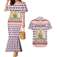 England Christmas Couples Matching Mermaid Dress and Hawaiian Shirt with Red Blue White Diamond Pattern Santa and Coat of Arms - Wonder Print Shop