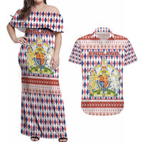 England Christmas Couples Matching Off Shoulder Maxi Dress and Hawaiian Shirt with Red Blue White Diamond Pattern Santa and Coat of Arms - Wonder Print Shop