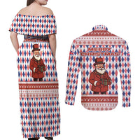 England Christmas Couples Matching Off Shoulder Maxi Dress and Long Sleeve Button Shirt with Red Blue White Diamond Pattern Santa and Coat of Arms - Wonder Print Shop
