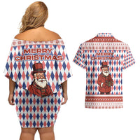 England Christmas Couples Matching Off Shoulder Short Dress and Hawaiian Shirt with Red Blue White Diamond Pattern Santa and Coat of Arms - Wonder Print Shop