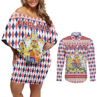 England Christmas Couples Matching Off Shoulder Short Dress and Long Sleeve Button Shirt with Red Blue White Diamond Pattern Santa and Coat of Arms - Wonder Print Shop