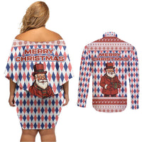 England Christmas Couples Matching Off Shoulder Short Dress and Long Sleeve Button Shirt with Red Blue White Diamond Pattern Santa and Coat of Arms - Wonder Print Shop