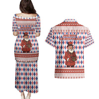 England Christmas Couples Matching Puletasi and Hawaiian Shirt with Red Blue White Diamond Pattern Santa and Coat of Arms - Wonder Print Shop