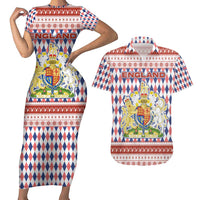 England Christmas Couples Matching Short Sleeve Bodycon Dress and Hawaiian Shirt with Red Blue White Diamond Pattern Santa and Coat of Arms - Wonder Print Shop