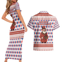England Christmas Couples Matching Short Sleeve Bodycon Dress and Hawaiian Shirt with Red Blue White Diamond Pattern Santa and Coat of Arms - Wonder Print Shop