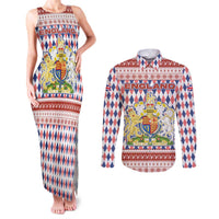 England Christmas Couples Matching Tank Maxi Dress and Long Sleeve Button Shirt with Red Blue White Diamond Pattern Santa and Coat of Arms - Wonder Print Shop