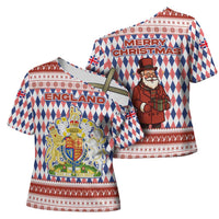 England Christmas Cross Shoulder Shirt with Red Blue White Diamond Pattern Santa and Coat of Arms - Wonder Print Shop