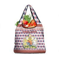 England Christmas Grocery Bag with Red Blue White Diamond Pattern Santa and Coat of Arms - Wonder Print Shop