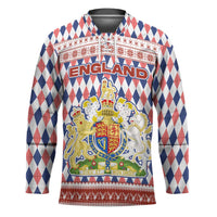 England Christmas Hockey Jersey with Red Blue White Diamond Pattern Santa and Coat of Arms - Wonder Print Shop