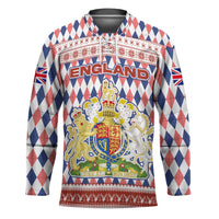 England Christmas Hockey Jersey with Red Blue White Diamond Pattern Santa and Coat of Arms - Wonder Print Shop