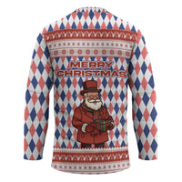 England Christmas Hockey Jersey with Red Blue White Diamond Pattern Santa and Coat of Arms - Wonder Print Shop