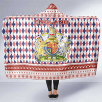 England Christmas Hooded Blanket with Red Blue White Diamond Pattern Santa and Coat of Arms - Wonder Print Shop