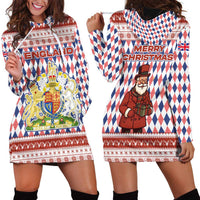 England Christmas Hoodie Dress with Red Blue White Diamond Pattern Santa and Coat of Arms - Wonder Print Shop