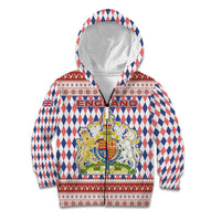 England Christmas Kid Hoodie with Red Blue White Diamond Pattern Santa and Coat of Arms - Wonder Print Shop
