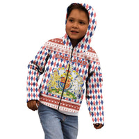 England Christmas Kid Hoodie with Red Blue White Diamond Pattern Santa and Coat of Arms - Wonder Print Shop