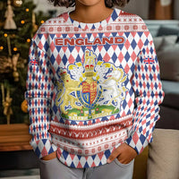 England Christmas Kid Ugly Christmas Sweater with Red Blue White Diamond Pattern Santa and Coat of Arms - Wonder Print Shop