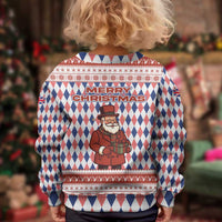 England Christmas Kid Ugly Christmas Sweater with Red Blue White Diamond Pattern Santa and Coat of Arms - Wonder Print Shop