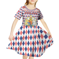 England Christmas Kid Short Sleeve Dress with Red Blue White Diamond Pattern Santa and Coat of Arms - Wonder Print Shop