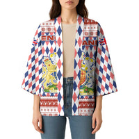 England Christmas Kimono with Red Blue White Diamond Pattern Santa and Coat of Arms - Wonder Print Shop