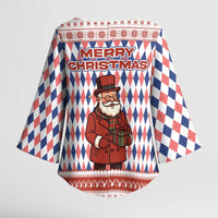 England Christmas Kimono Sleeve Blouse with Red Blue White Diamond Pattern Santa and Coat of Arms - Wonder Print Shop