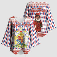 England Christmas Kimono Sleeve Blouse with Red Blue White Diamond Pattern Santa and Coat of Arms - Wonder Print Shop