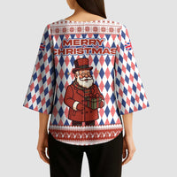 England Christmas Kimono Sleeve Blouse with Red Blue White Diamond Pattern Santa and Coat of Arms - Wonder Print Shop